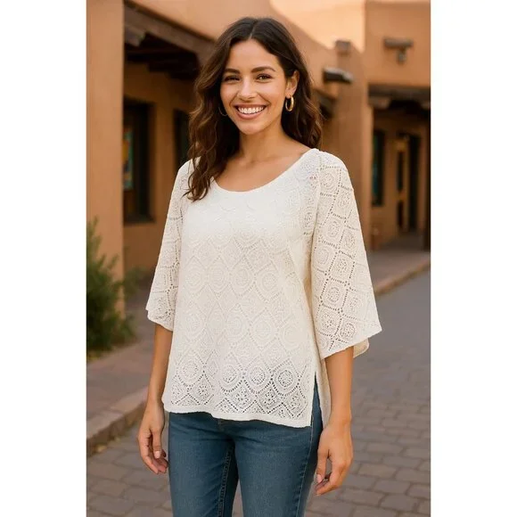 Ivy Ridge White Crochet Lace Blouse With Open Back Flutter Sleeves Boho Style LG - Picture 3 of 10